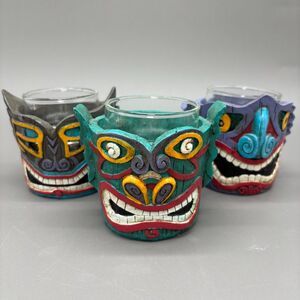 Tiki Candle Holder Set of 3 Resin Carved Mask Tea Light Holders Tropical Decor